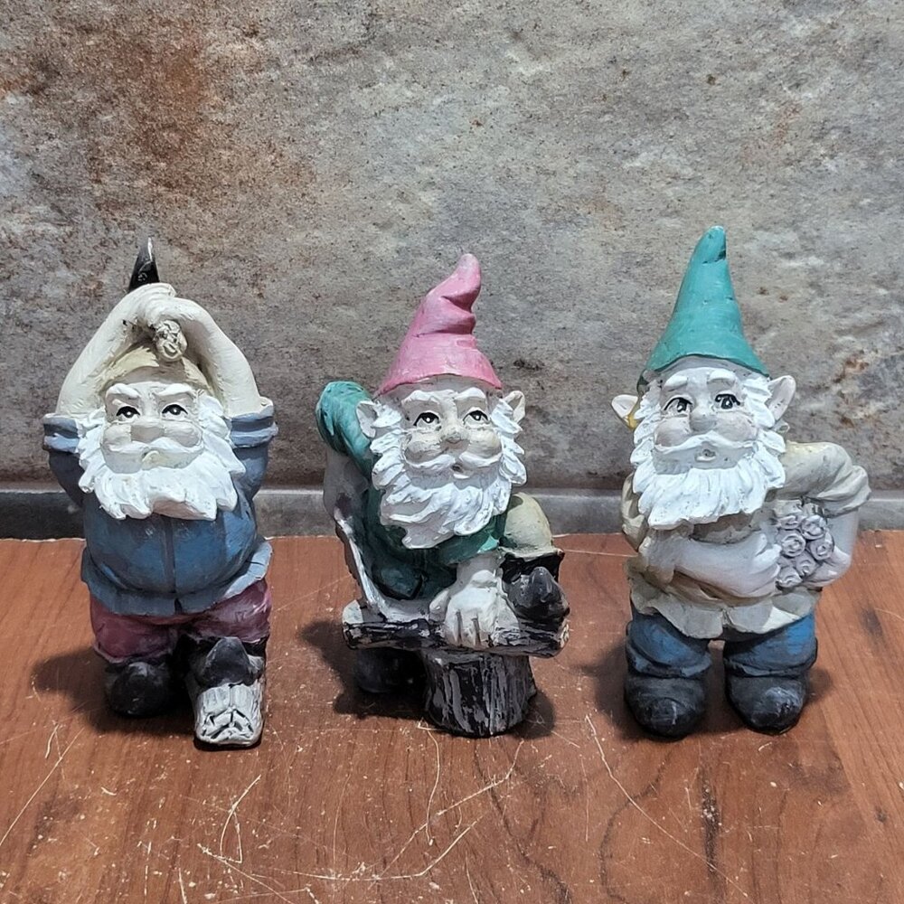 Garden Gnomes at Work Figurines Set of 3 Repaired Chips